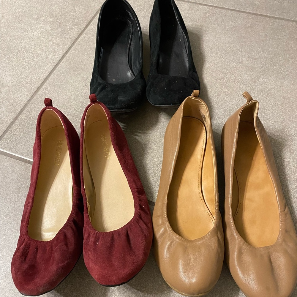 3 Pair of Nine West Ballet Flats Tan Leather, Black Suede, Maroon Suede